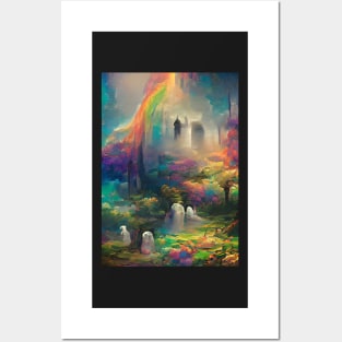 SURREAL RAINBOW GHOSTLY GRAVEYARD ON HALLOWEEN Posters and Art